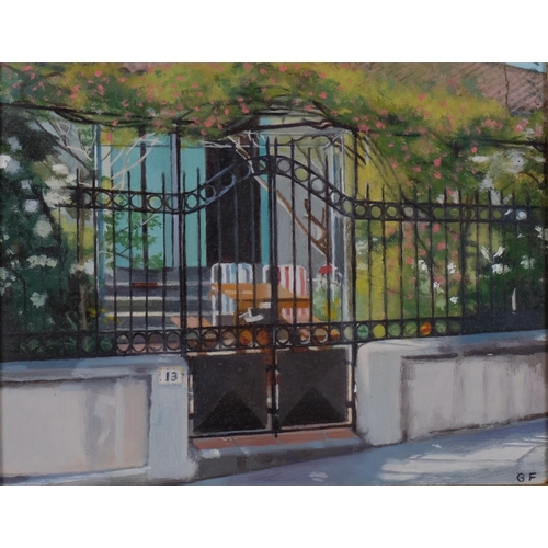 578 - Gillian Furlong, Continental villa, oil on board, signed with monogram, 19cm x 24cm, framed