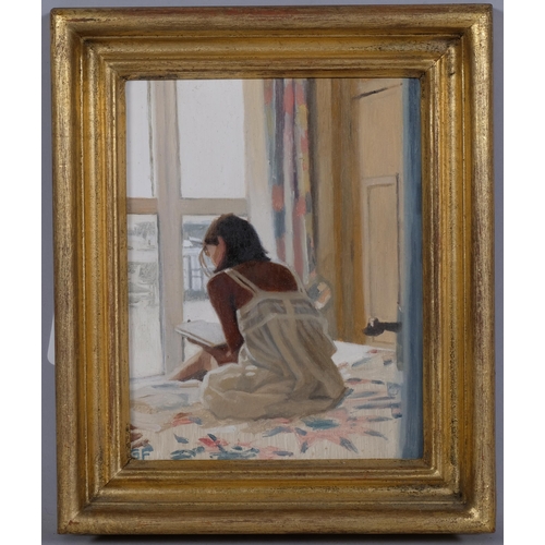 579 - Gillian Furlong, Lucy reading, oil on board, signed with monogram, 16cm x 13cm, framed