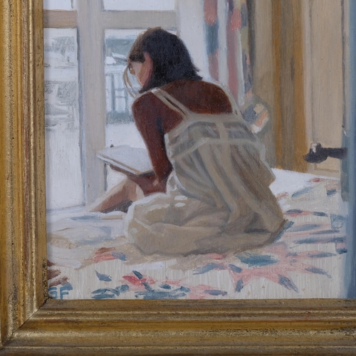 579 - Gillian Furlong, Lucy reading, oil on board, signed with monogram, 16cm x 13cm, framed