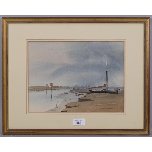 581 - Anthony Flemming, estuary scene, watercolour, signed, 22cm x 31cm, framed