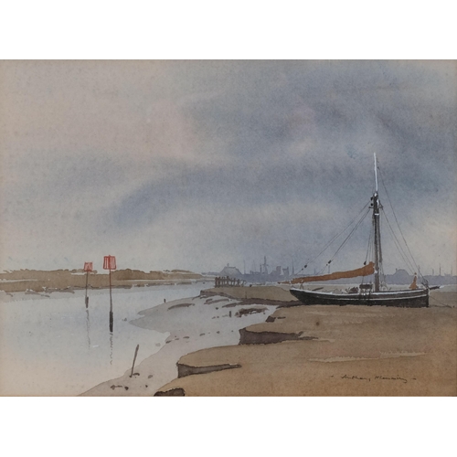 581 - Anthony Flemming, estuary scene, watercolour, signed, 22cm x 31cm, framed