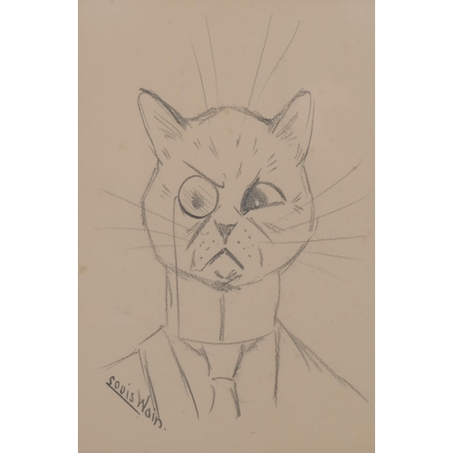 583 - Louis Wain (1860 - 1939), cat with a monocle, pencil drawing, signed, 24cm x 16cm, framed