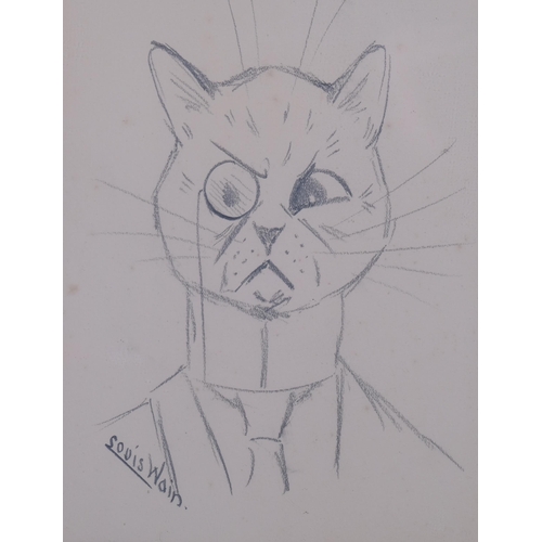 583 - Louis Wain (1860 - 1939), cat with a monocle, pencil drawing, signed, 24cm x 16cm, framed