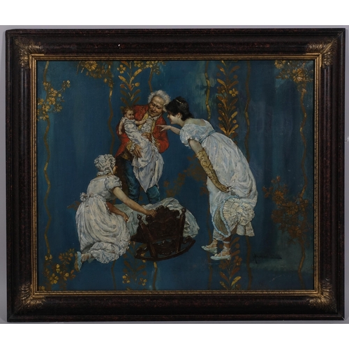 585 - Corrato-Oritia?, nursery scene, oil on metal, indistinctly signed, 50cm x 60cm, framed