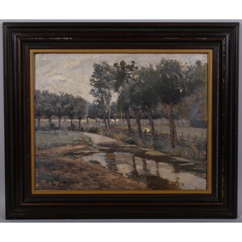 586 - C Venner?, a rural stream, oil on board, circa 1900, indistinctly signed, 50cm x 63cm, framed