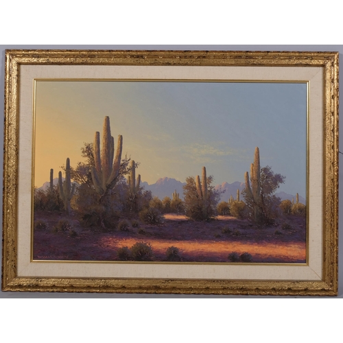 587 - Russell White, desert scene New Mexico, oil on board, signed, 50cm x 75cm, framed