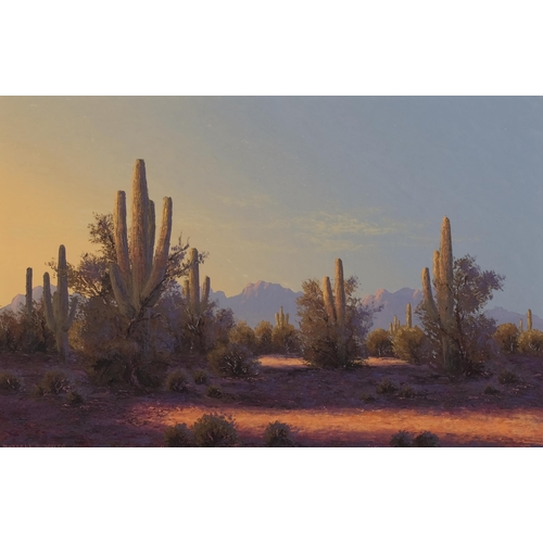 587 - Russell White, desert scene New Mexico, oil on board, signed, 50cm x 75cm, framed