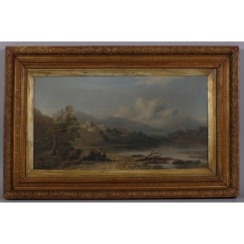 588 - Continental lake scene with castle ruins, oil on canvas, unsigned, 30cm x 56cm, framed and glazed