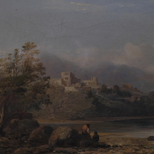 588 - Continental lake scene with castle ruins, oil on canvas, unsigned, 30cm x 56cm, framed and glazed