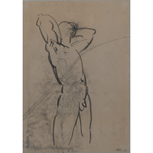 589 - Charcoal nude life study, signed with indistinct monogram, image 61cm x 41cm, framed