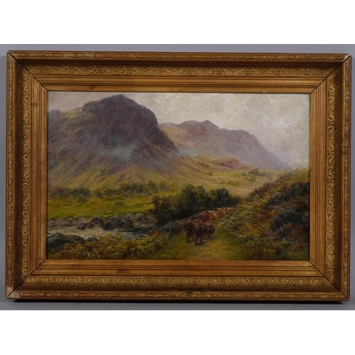 590 - Nora Bowkett, cattle in Highland landscape, oil on canvas, circa 1900, signed, 31cm x 46cm, framed