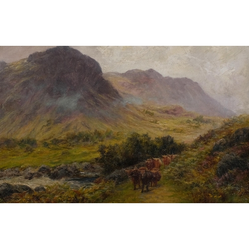 590 - Nora Bowkett, cattle in Highland landscape, oil on canvas, circa 1900, signed, 31cm x 46cm, framed