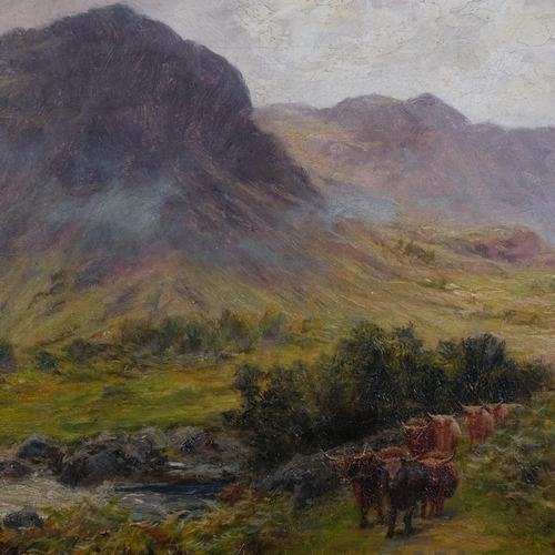 590 - Nora Bowkett, cattle in Highland landscape, oil on canvas, circa 1900, signed, 31cm x 46cm, framed