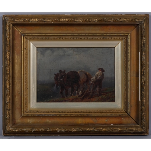 593 - Blacklock farmer and horses, oil on wood panel, unsigned with collection label verso, 15cm x 21cm, f... 