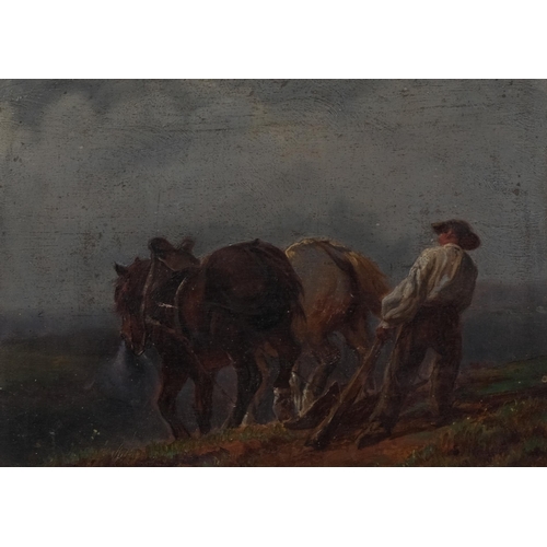 593 - Blacklock farmer and horses, oil on wood panel, unsigned with collection label verso, 15cm x 21cm, f... 