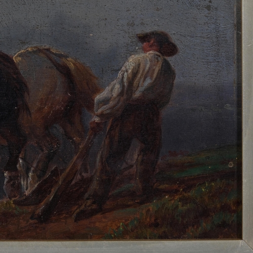 593 - Blacklock farmer and horses, oil on wood panel, unsigned with collection label verso, 15cm x 21cm, f... 