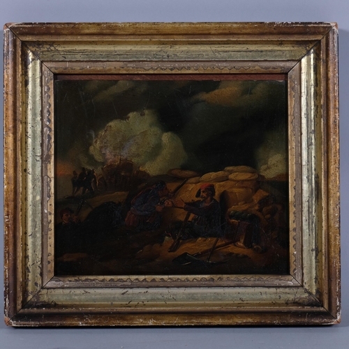 594 - 19th century battle scene, oil on metal, unsigned, 16cm x 19cm, framed