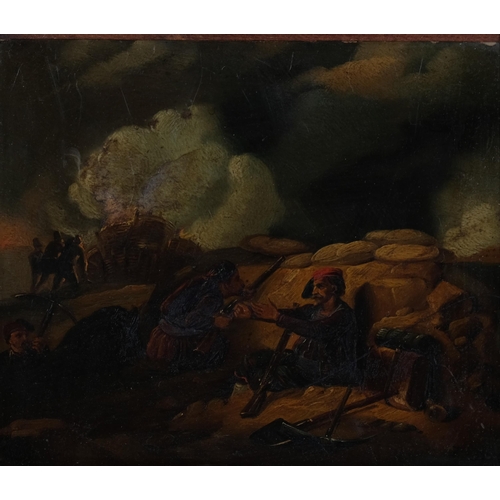 594 - 19th century battle scene, oil on metal, unsigned, 16cm x 19cm, framed