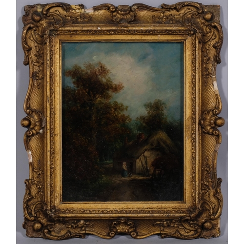 595 - Figure by a thatched cottage, 19th century oil on wood panel, unsigned, 22cm x 17cm, framed and glaz... 