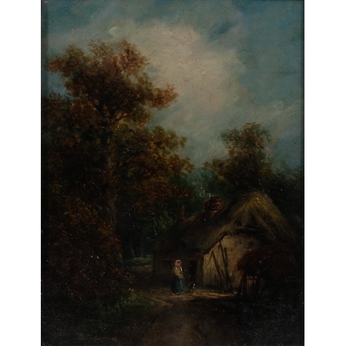 595 - Figure by a thatched cottage, 19th century oil on wood panel, unsigned, 22cm x 17cm, framed and glaz... 