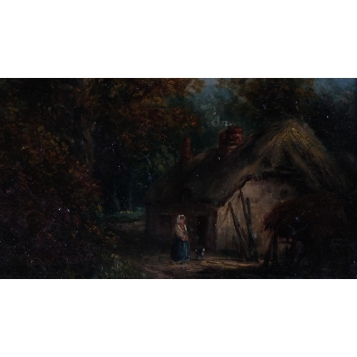 595 - Figure by a thatched cottage, 19th century oil on wood panel, unsigned, 22cm x 17cm, framed and glaz... 