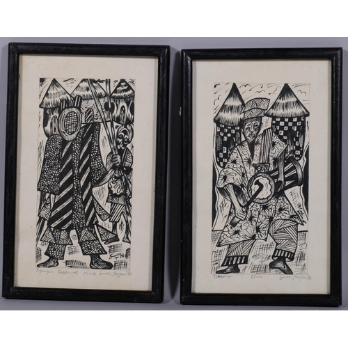 597 - Fumso Mayowa (Nigeria), 2 pen and ink drawings, Egungun Festival and drummer, signed and dated 1996,... 