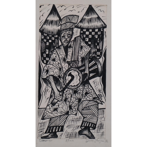 597 - Fumso Mayowa (Nigeria), 2 pen and ink drawings, Egungun Festival and drummer, signed and dated 1996,... 