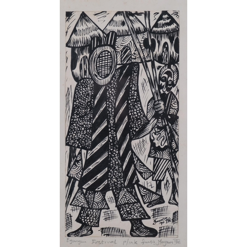 597 - Fumso Mayowa (Nigeria), 2 pen and ink drawings, Egungun Festival and drummer, signed and dated 1996,... 