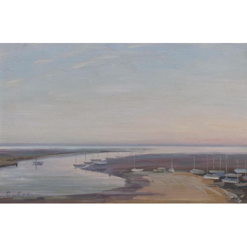 599 - Estuary scene, oil on board, indistinctly signed Ernest Cain?, 18cm x 29cm, framed