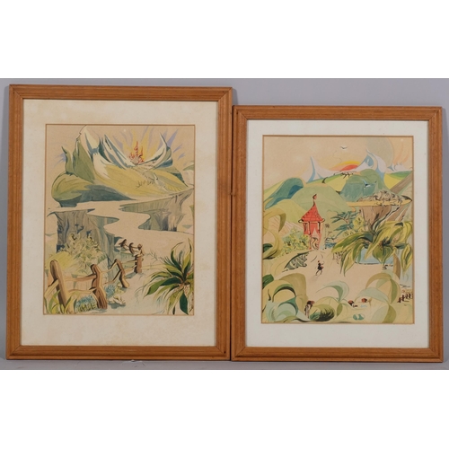 600 - Tanci Bristol (1912 - 2006), 2 mid-century fantasy landscapes, probably illustrations, watercolours,... 