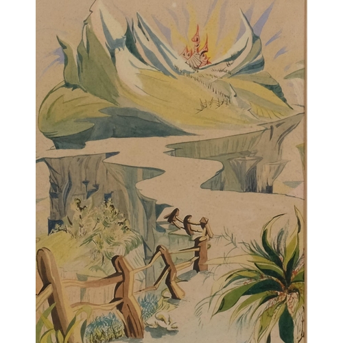 600 - Tanci Bristol (1912 - 2006), 2 mid-century fantasy landscapes, probably illustrations, watercolours,... 