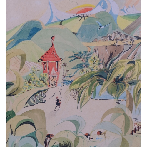 600 - Tanci Bristol (1912 - 2006), 2 mid-century fantasy landscapes, probably illustrations, watercolours,... 