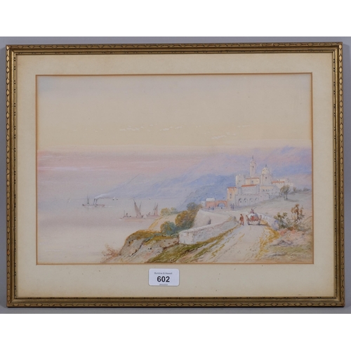 602 - Manner of Thomas Leeson Rowbotham, Italian coastal scene, watercolour, unsigned, 23cm x 35cm, framed