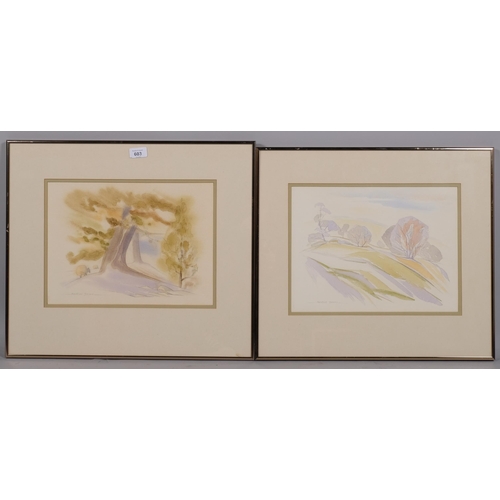 603 - Maurice Dyson, 2 stylised landscapes, watercolour, signed, 26cm x 36cm, framed