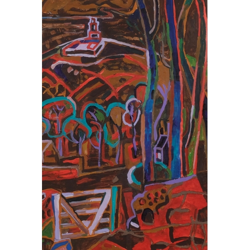 604 - D Cumming, abstract landscape, acrylic on board, signed and dated '74, 53cm x 35cm, framed