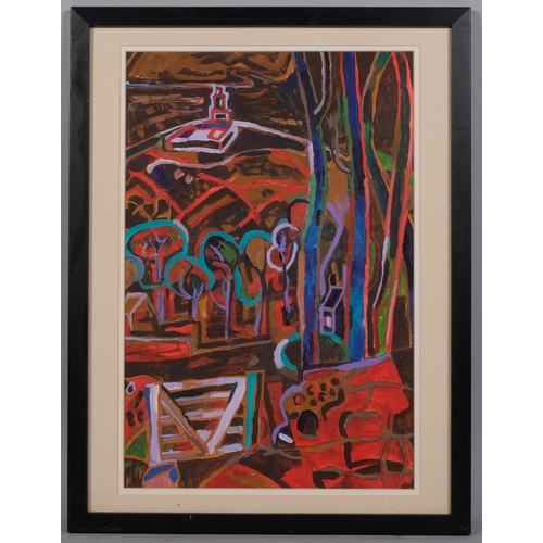 604 - D Cumming, abstract landscape, acrylic on board, signed and dated '74, 53cm x 35cm, framed