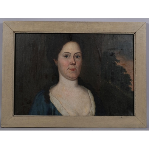 605 - 18th century portrait of a lady, oil on canvas, unsigned, 43cm x 63cm, framed