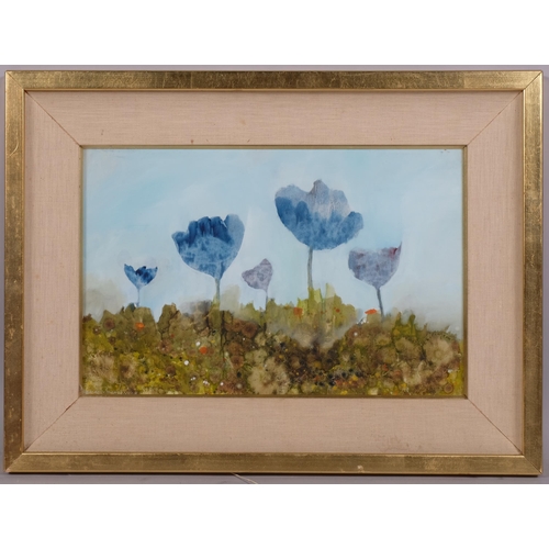 606 - Gerald Parkinson (born 1926), blue flowers, gouache on paper, signed and dated 1970, 28cm x 44cm, fr... 