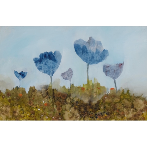 606 - Gerald Parkinson (born 1926), blue flowers, gouache on paper, signed and dated 1970, 28cm x 44cm, fr... 