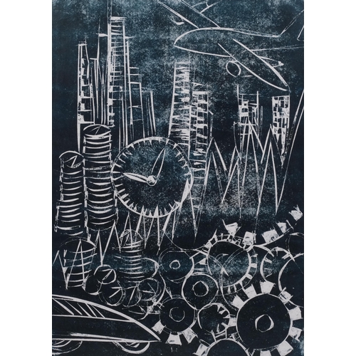 607 - Lothar Mayring, abstract city scene, monoprint, signed and dated 2011, plate 57cm x 41cm, clip frame