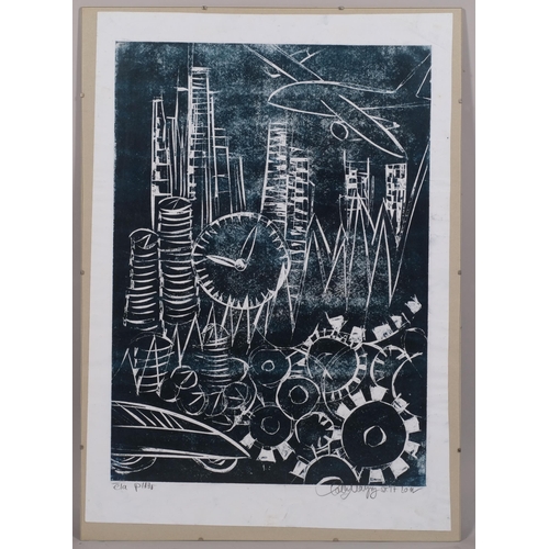 607 - Lothar Mayring, abstract city scene, monoprint, signed and dated 2011, plate 57cm x 41cm, clip frame