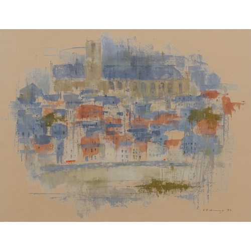 608 - C l'Estrange, abstract townscape, watercolour, signed and dated '73, 39cm x 51cm, framed