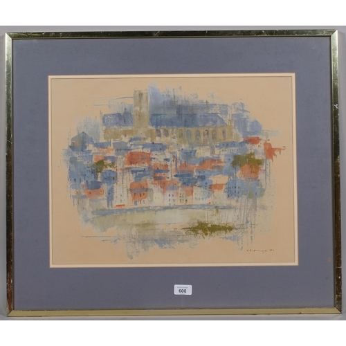 608 - C l'Estrange, abstract townscape, watercolour, signed and dated '73, 39cm x 51cm, framed