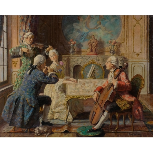 610 - Barthelemy, interior musical study, oil on panel, signed, 33cm x 41cm, framed, provenance: Frost & R... 