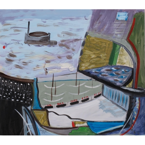 612 - Contemporary abstract harbour scene, Penzance boats, oil on board, unsigned, 41cm x 45cm, framed