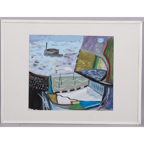 612 - Contemporary abstract harbour scene, Penzance boats, oil on board, unsigned, 41cm x 45cm, framed