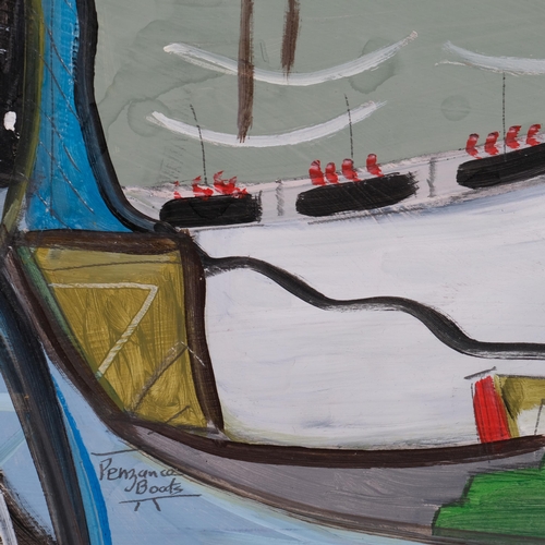 612 - Contemporary abstract harbour scene, Penzance boats, oil on board, unsigned, 41cm x 45cm, framed