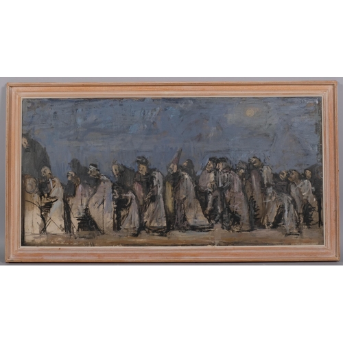 620 - Steve Afif (Egyptian, born 1943), a procession of figures, oil on board, circa 1960s, 56cm x 115cm, ... 