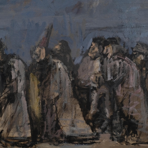 620 - Steve Afif (Egyptian, born 1943), a procession of figures, oil on board, circa 1960s, 56cm x 115cm, ... 