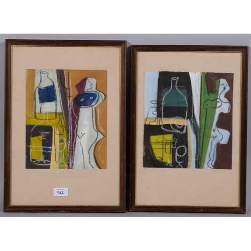 622 - Pair of contemporary abstract compositions, mixed media acrylic/chalk on paper, unsigned, image 26cm... 